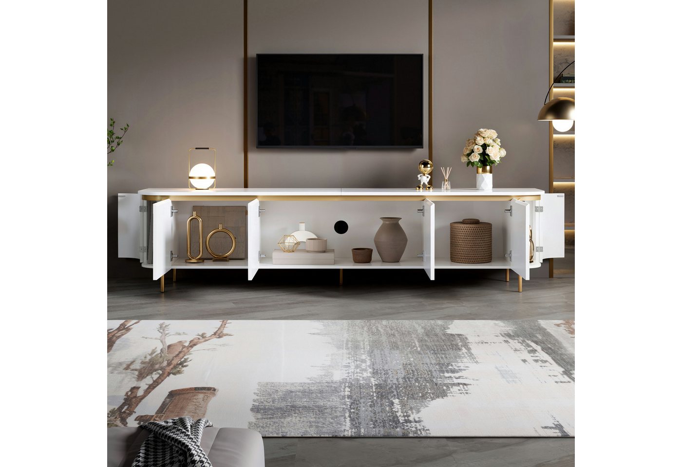 Merax Lowboard mit 6 Türen, Stauraum & Eisenfüßen, Fernsehtisch mit Riffeloptik (180x38x46 cm, 1 St), TV-Schrank mit grifflosem Design, abgerundeten Enden & Kab – Bild 4 von 5
