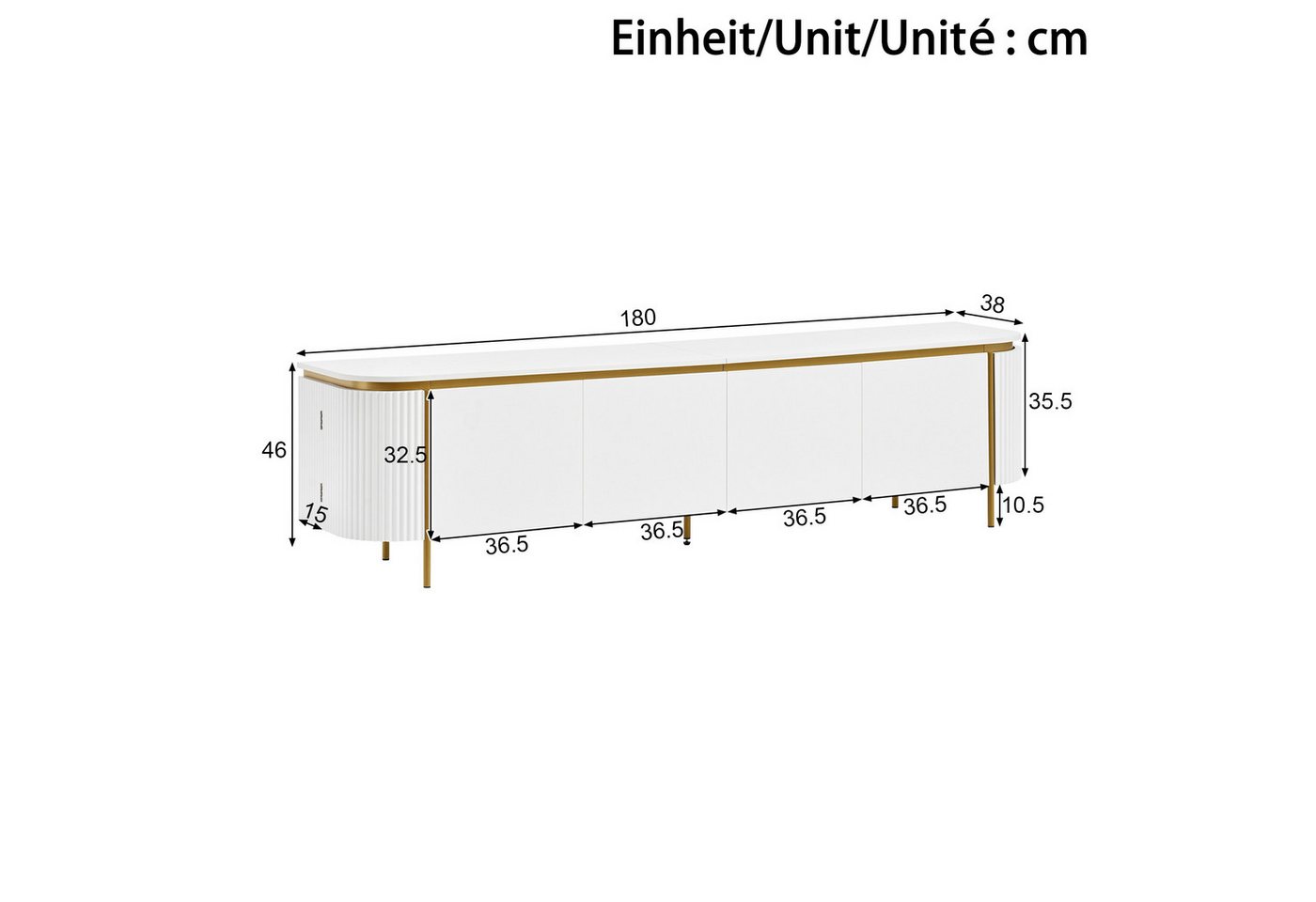 Merax Lowboard mit 6 Türen, Stauraum & Eisenfüßen, Fernsehtisch mit Riffeloptik (180x38x46 cm, 1 St), TV-Schrank mit grifflosem Design, abgerundeten Enden & Kab – Bild 5 von 5
