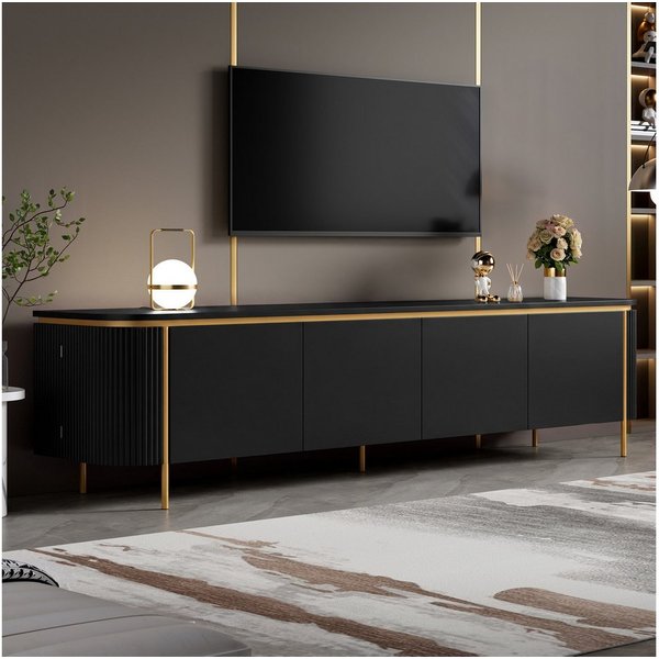 Merax Lowboard mit 6 Türen, Stauraum & Eisenfüßen, Fernsehtisch mit Riffeloptik (180x38x46 cm, 1 St), TV-Schrank mit grifflosem Design, abgerundeten Enden & Kab