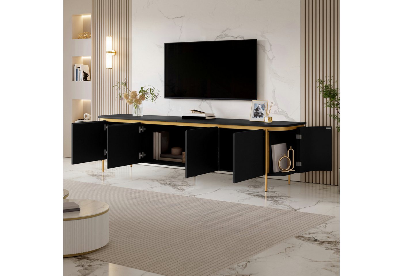 Merax Lowboard mit 6 Türen, Stauraum & Eisenfüßen, Fernsehtisch mit Riffeloptik (180x38x46 cm, 1 St), TV-Schrank mit grifflosem Design, abgerundeten Enden & Kab – Bild 2 von 5