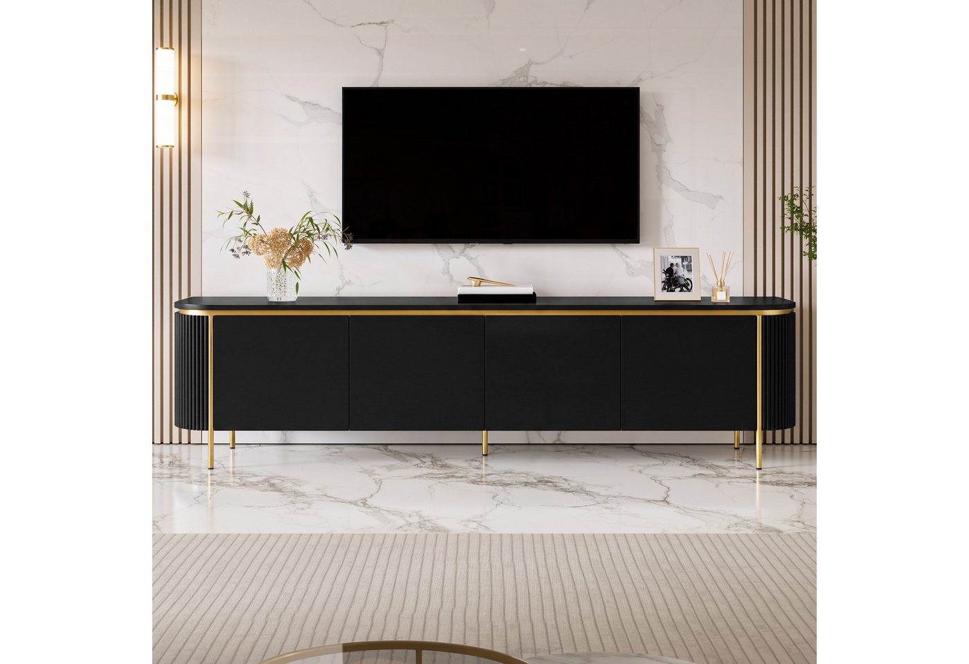 Merax Lowboard mit 6 Türen, Stauraum & Eisenfüßen, Fernsehtisch mit Riffeloptik (180x38x46 cm, 1 St), TV-Schrank mit grifflosem Design, abgerundeten Enden & Kab – Bild 3 von 5