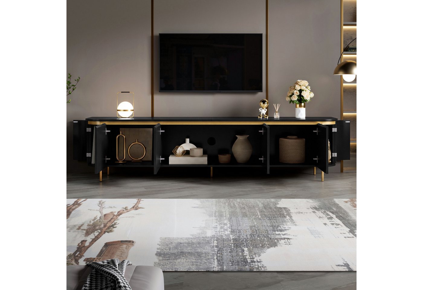 Merax Lowboard mit 6 Türen, Stauraum & Eisenfüßen, Fernsehtisch mit Riffeloptik (180x38x46 cm, 1 St), TV-Schrank mit grifflosem Design, abgerundeten Enden & Kab – Bild 4 von 5