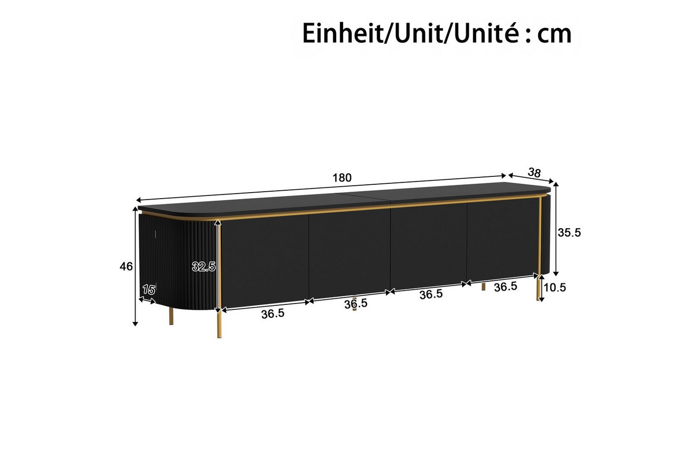 Merax Lowboard mit 6 Türen, Stauraum & Eisenfüßen, Fernsehtisch mit Riffeloptik (180x38x46 cm, 1 St), TV-Schrank mit grifflosem Design, abgerundeten Enden & Kab – Bild 5 von 5