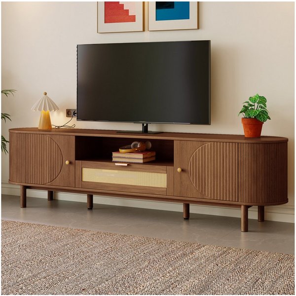 Merax Lowboard mit Abgerundete Struktur (1 St), TV-Schrank mit Rattanschubladen & Metallbeine mit Holzmaserung,B:175cm