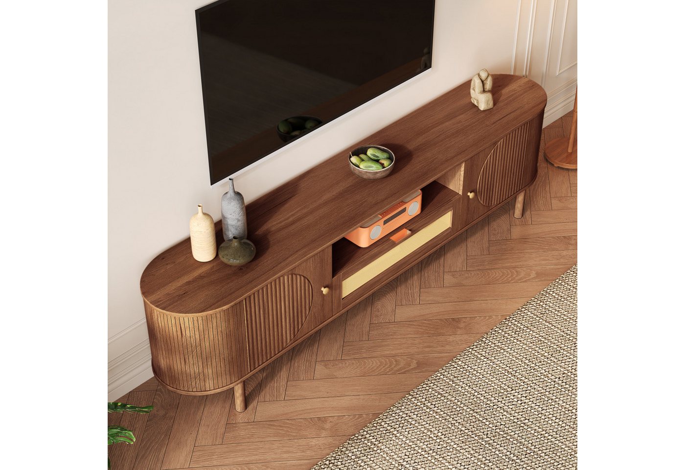 Merax Lowboard mit Abgerundete Struktur (1 St), TV-Schrank mit Rattanschubladen & Metallbeine mit Holzmaserung,B:175cm – Bild 2 von 5