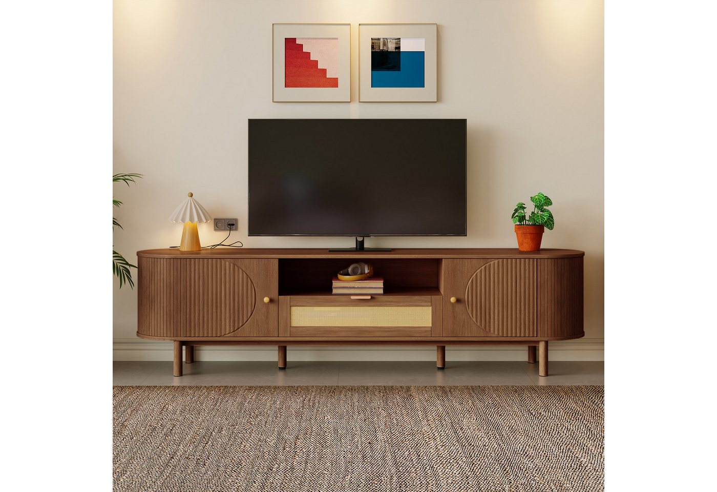 Merax Lowboard mit Abgerundete Struktur (1 St), TV-Schrank mit Rattanschubladen & Metallbeine mit Holzmaserung,B:175cm – Bild 3 von 5