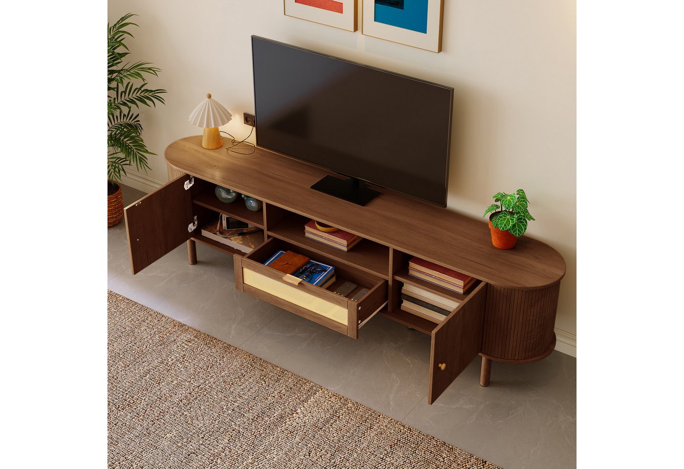 Merax Lowboard mit Abgerundete Struktur (1 St), TV-Schrank mit Rattanschubladen & Metallbeine mit Holzmaserung,B:175cm – Bild 4 von 5