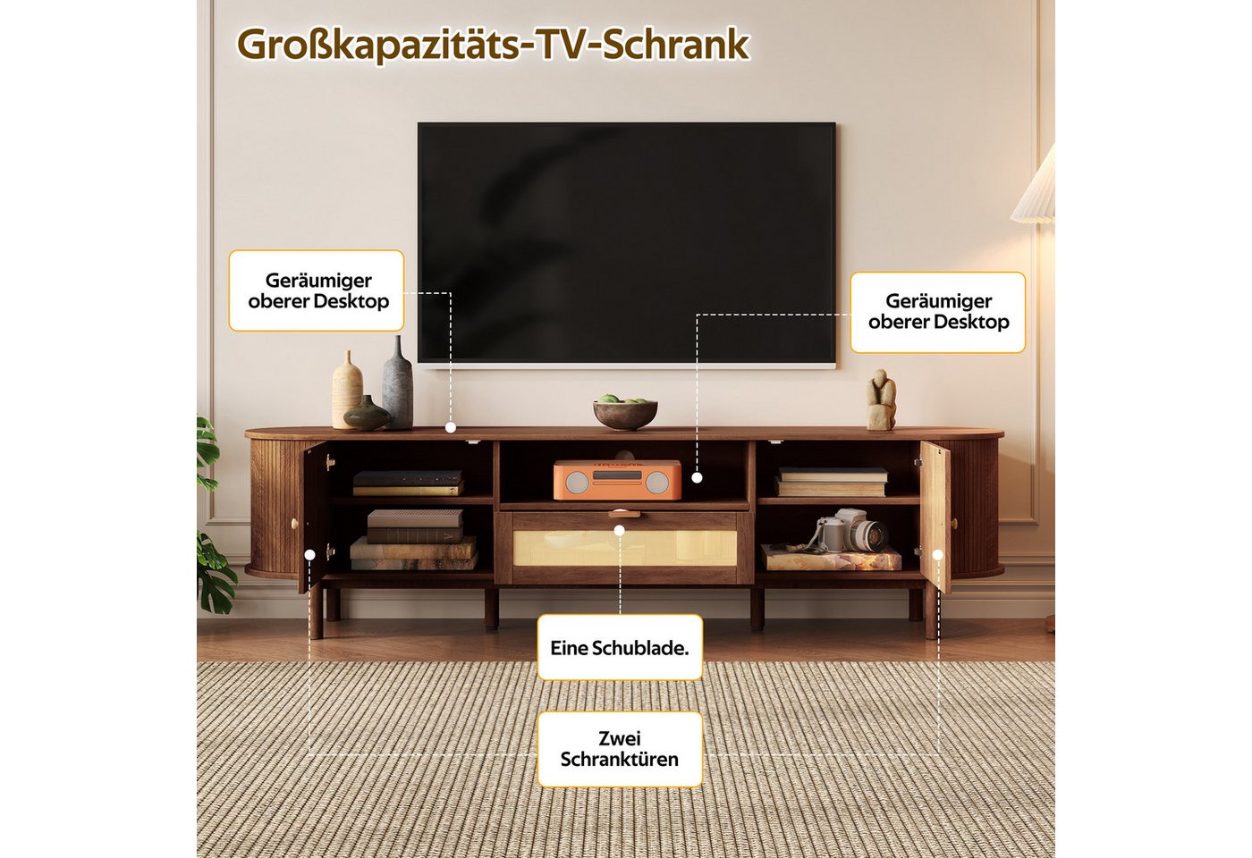 Merax Lowboard mit Abgerundete Struktur (1 St), TV-Schrank mit Rattanschubladen & Metallbeine mit Holzmaserung,B:175cm – Bild 5 von 5