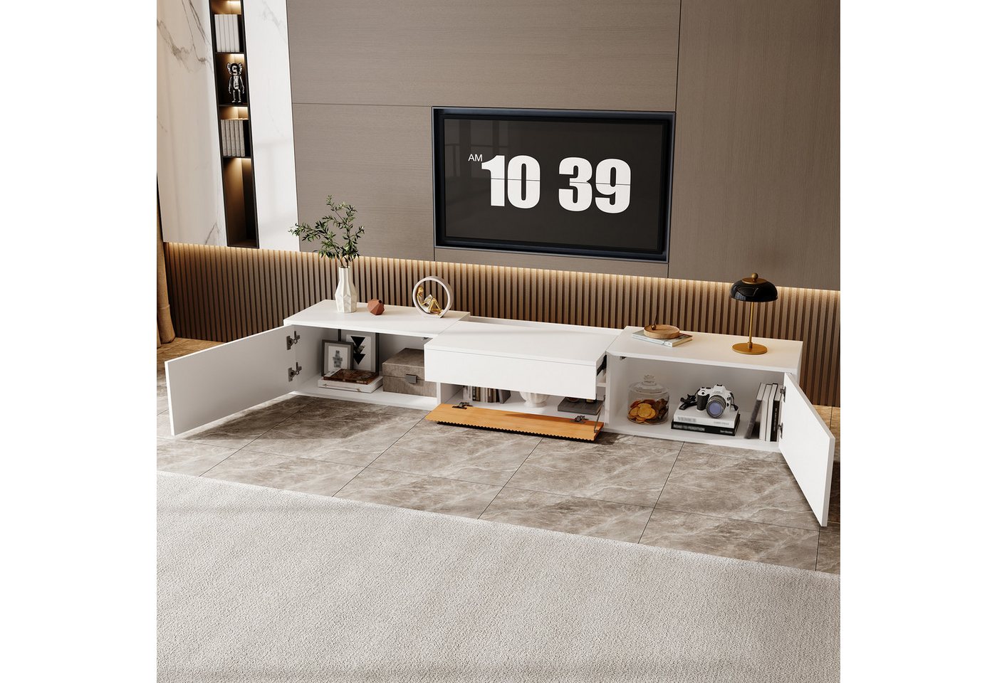 Merax Lowboard mit ausziehbarer Projektorablage (Wand- oder Bodenmontage, 1 St), TV-Schrank mit 3 Klapptüren und großem Stauraum, 180x34x30cm – Bild 2 von 5