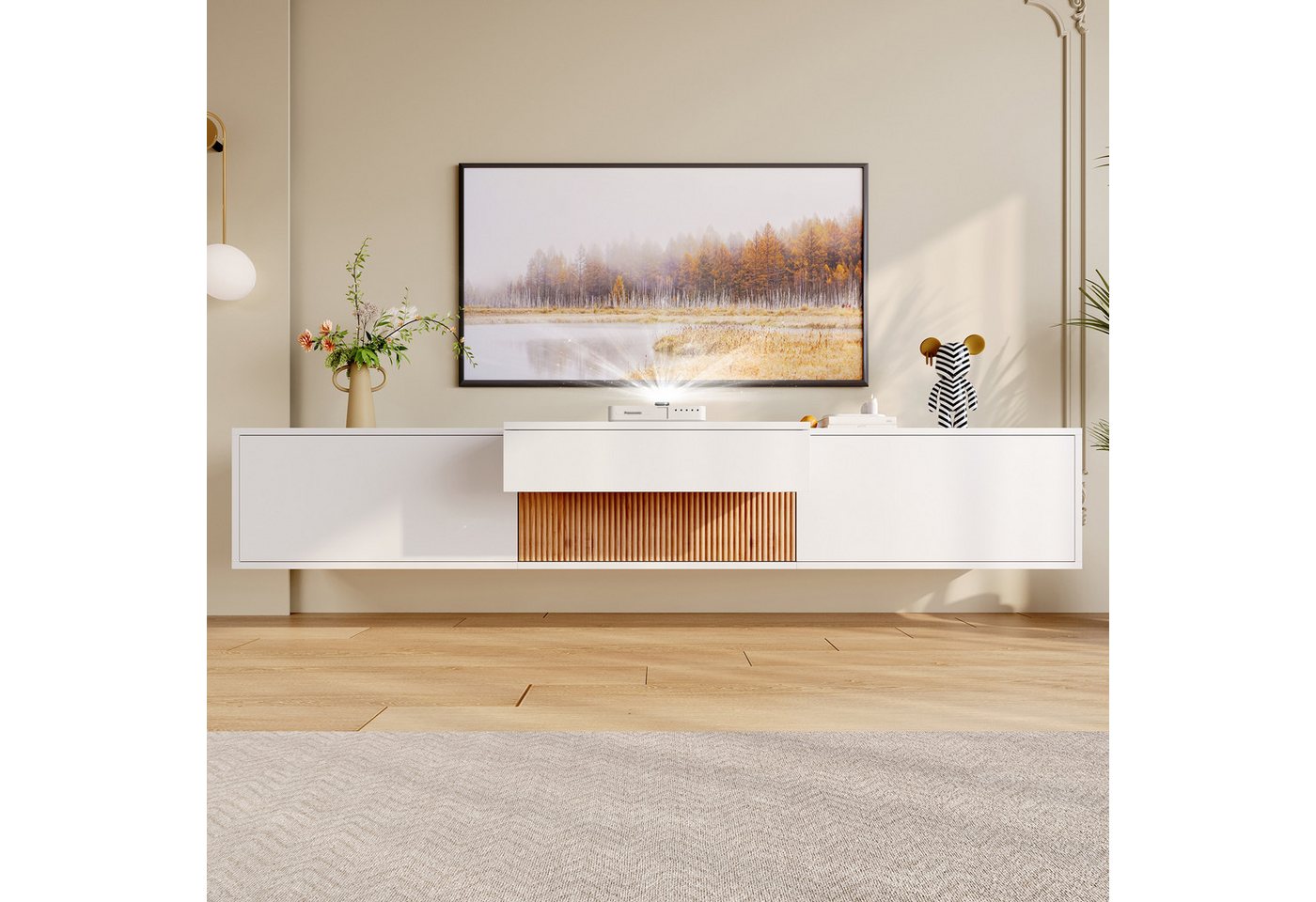 Merax Lowboard mit ausziehbarer Projektorablage (Wand- oder Bodenmontage, 1 St), TV-Schrank mit 3 Klapptüren und großem Stauraum, 180x34x30cm – Bild 3 von 5
