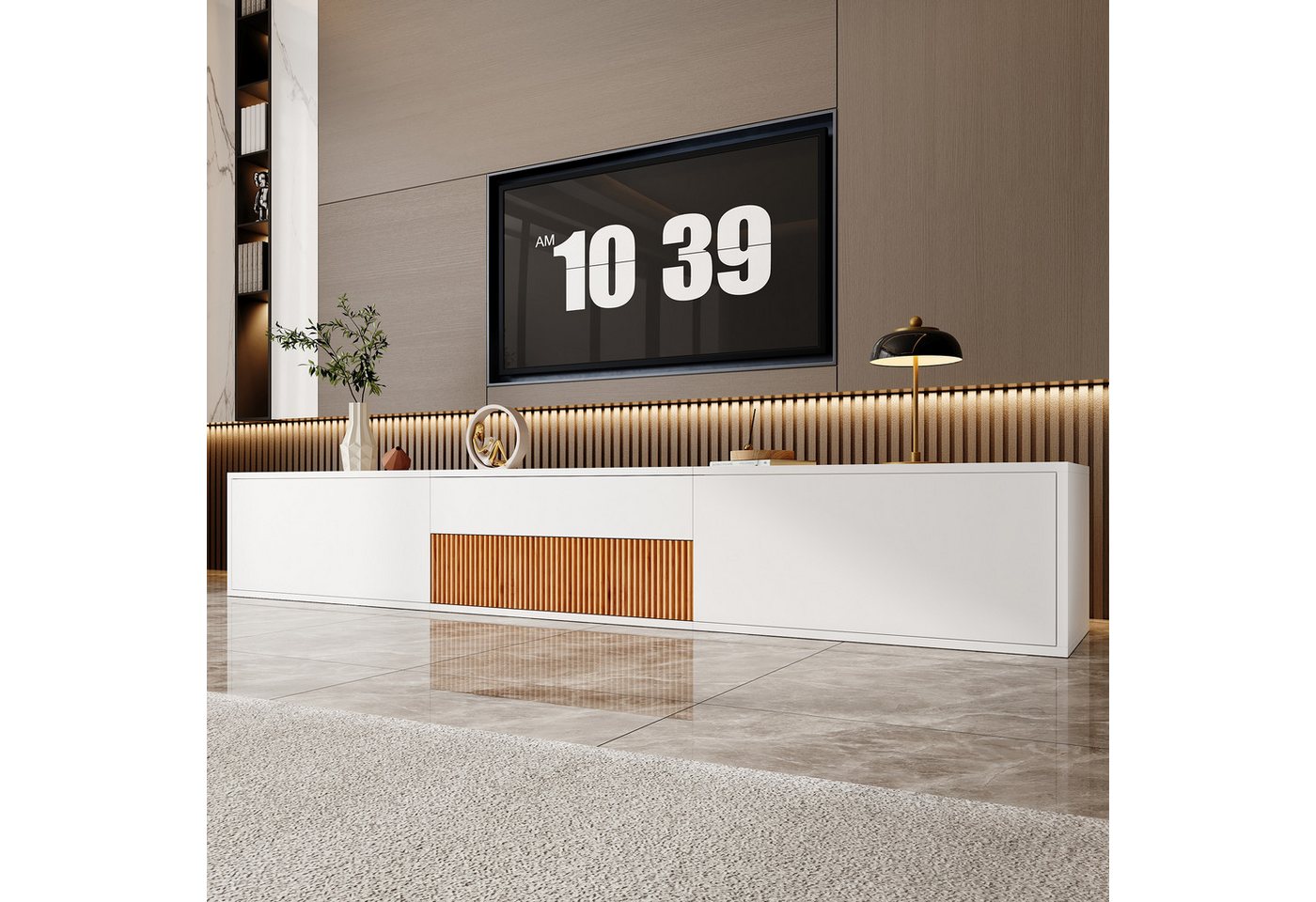 Merax Lowboard mit ausziehbarer Projektorablage (Wand- oder Bodenmontage, 1 St), TV-Schrank mit 3 Klapptüren und großem Stauraum, 180x34x30cm – Bild 4 von 5