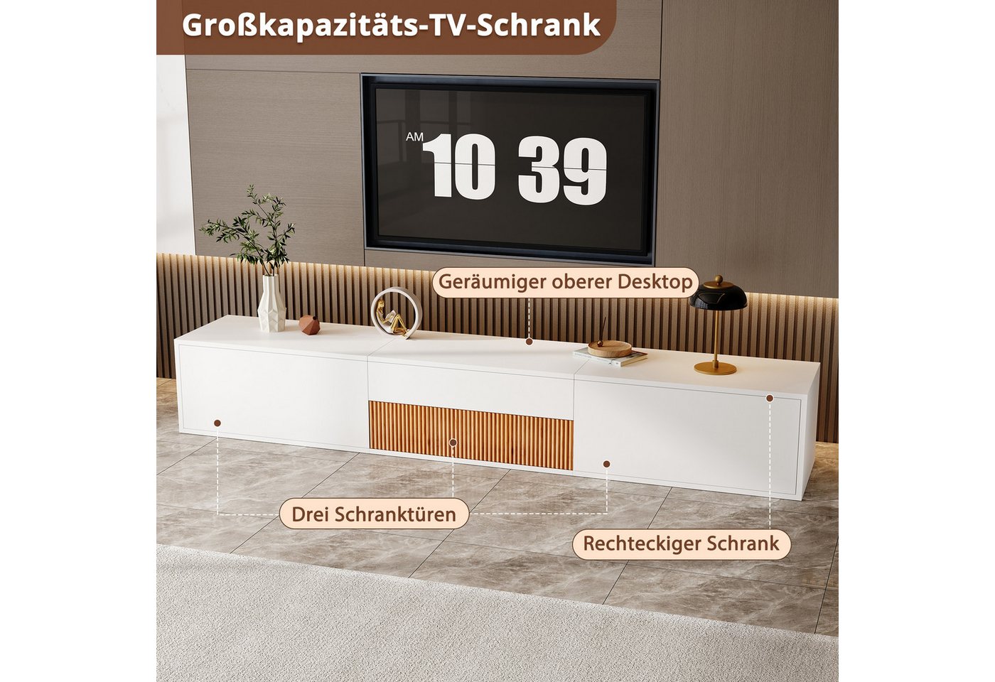 Merax Lowboard mit ausziehbarer Projektorablage (Wand- oder Bodenmontage, 1 St), TV-Schrank mit 3 Klapptüren und großem Stauraum, 180x34x30cm – Bild 5 von 5