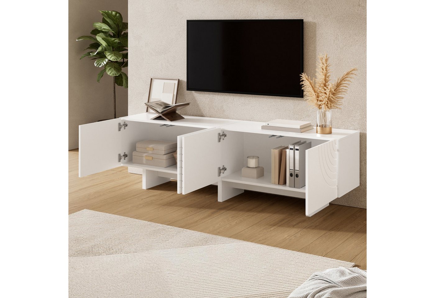 Merax Lowboard mit geometrischem Bogenmuster & Relief-Fronten (170 x 35 x 50 cm, 1 St), TV-Schrank mit 4 Türen, Mitteltrennwand & Kabeldurchlass – Bild 2 von 5