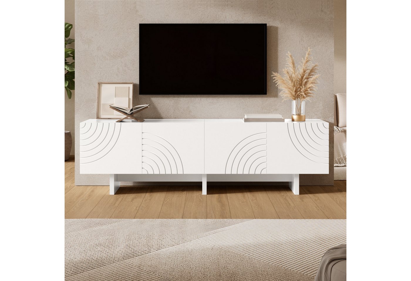 Merax Lowboard mit geometrischem Bogenmuster & Relief-Fronten (170 x 35 x 50 cm, 1 St), TV-Schrank mit 4 Türen, Mitteltrennwand & Kabeldurchlass – Bild 3 von 5