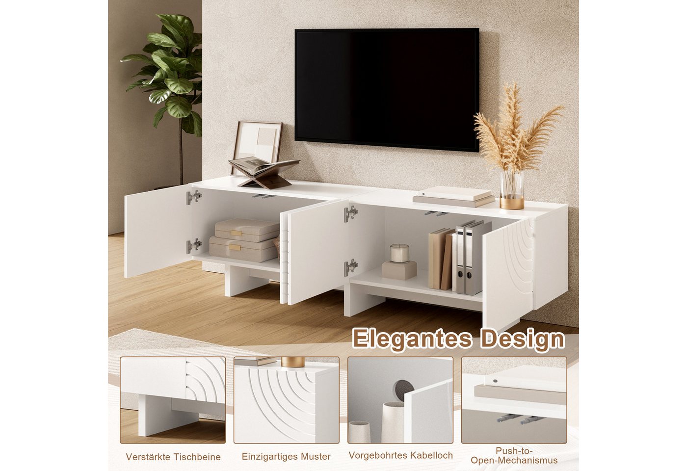 Merax Lowboard mit geometrischem Bogenmuster & Relief-Fronten (170 x 35 x 50 cm, 1 St), TV-Schrank mit 4 Türen, Mitteltrennwand & Kabeldurchlass – Bild 4 von 5