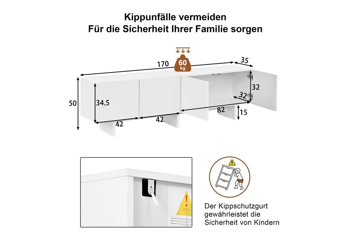 Merax Lowboard mit geometrischem Bogenmuster & Relief-Fronten (170 x 35 x 50 cm, 1 St), TV-Schrank mit 4 Türen, Mitteltrennwand & Kabeldurchlass – Bild 5 von 5