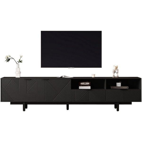 Merax Lowboard mit geometrischen Linien, TV-Schrank mit 2 Türen, 2 Schubladen und 2 offene Fächer, Breit: 200cm