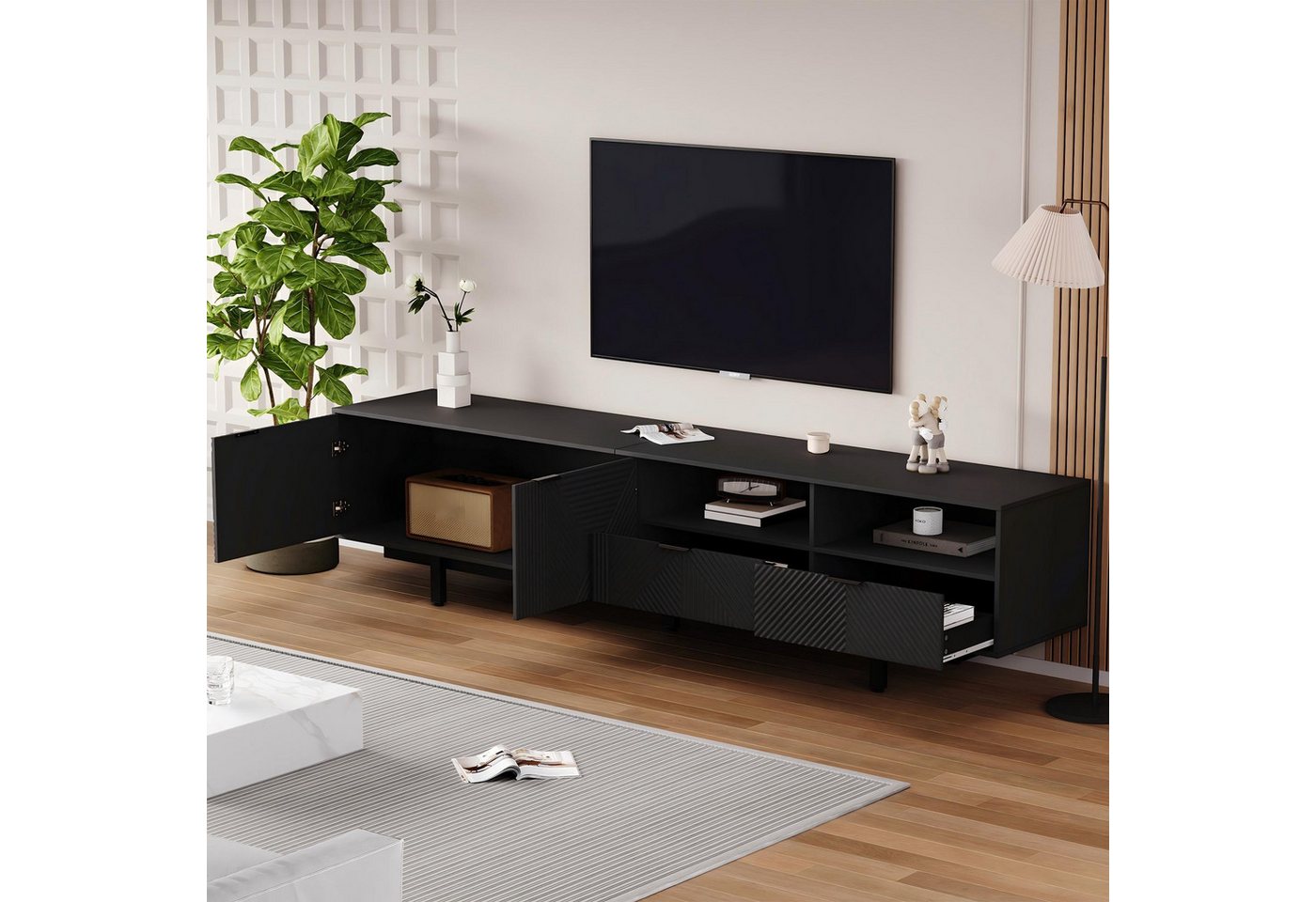 Merax Lowboard mit geometrischen Linien, TV-Schrank mit 2 Türen, 2 Schubladen und 2 offene Fächer, Breit: 200cm – Bild 2 von 5