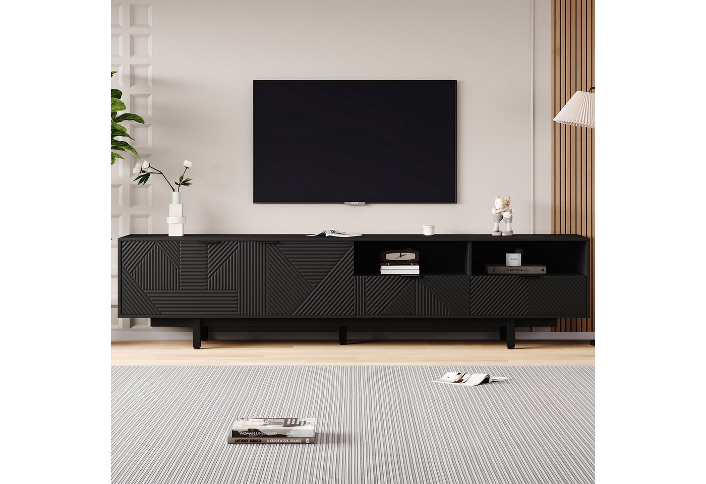 Merax Lowboard mit geometrischen Linien, TV-Schrank mit 2 Türen, 2 Schubladen und 2 offene Fächer, Breit: 200cm – Bild 3 von 5