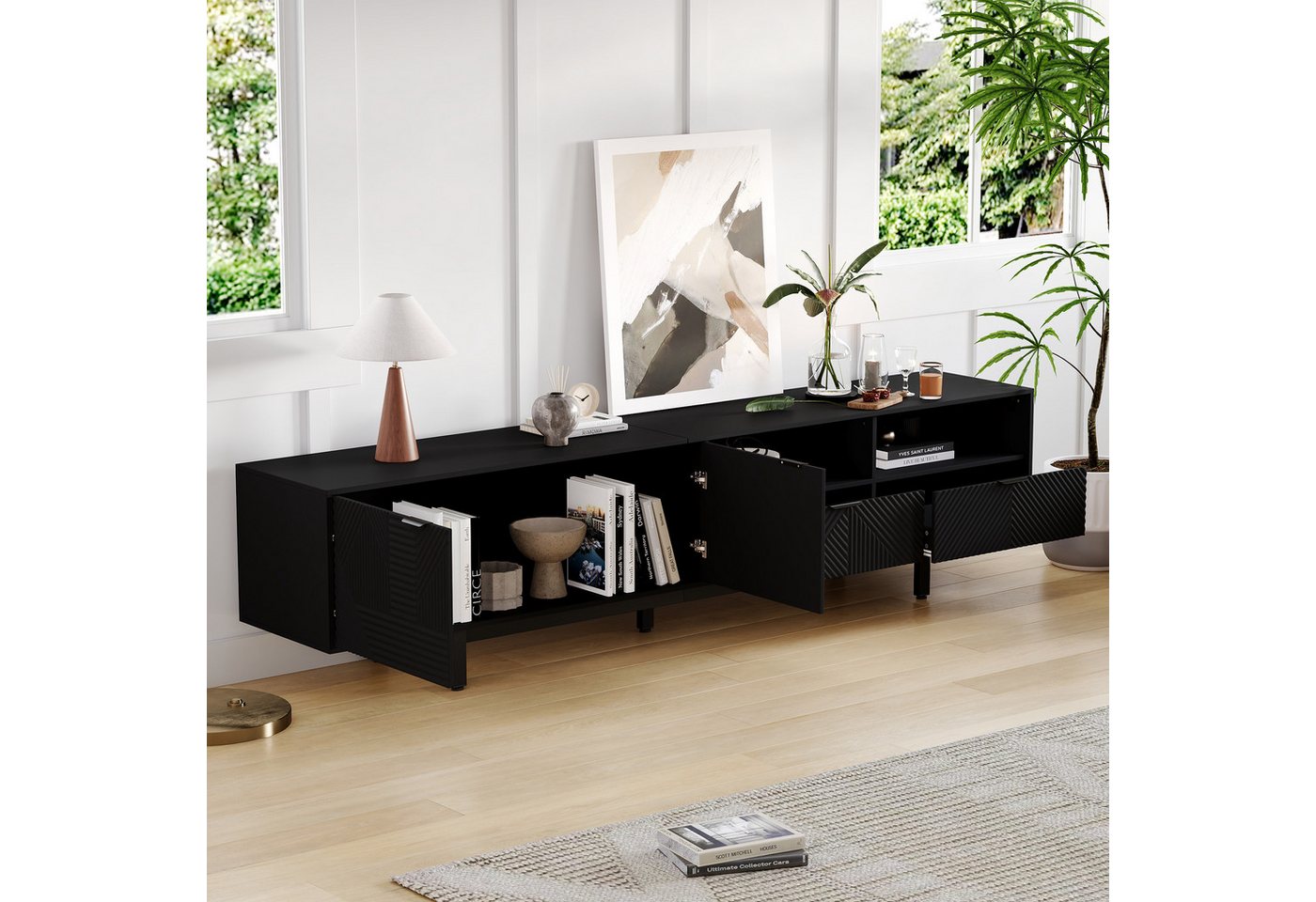 Merax Lowboard mit geometrischen Linien, TV-Schrank mit 2 Türen, 2 Schubladen und 2 offene Fächer, Breit: 200cm – Bild 4 von 5