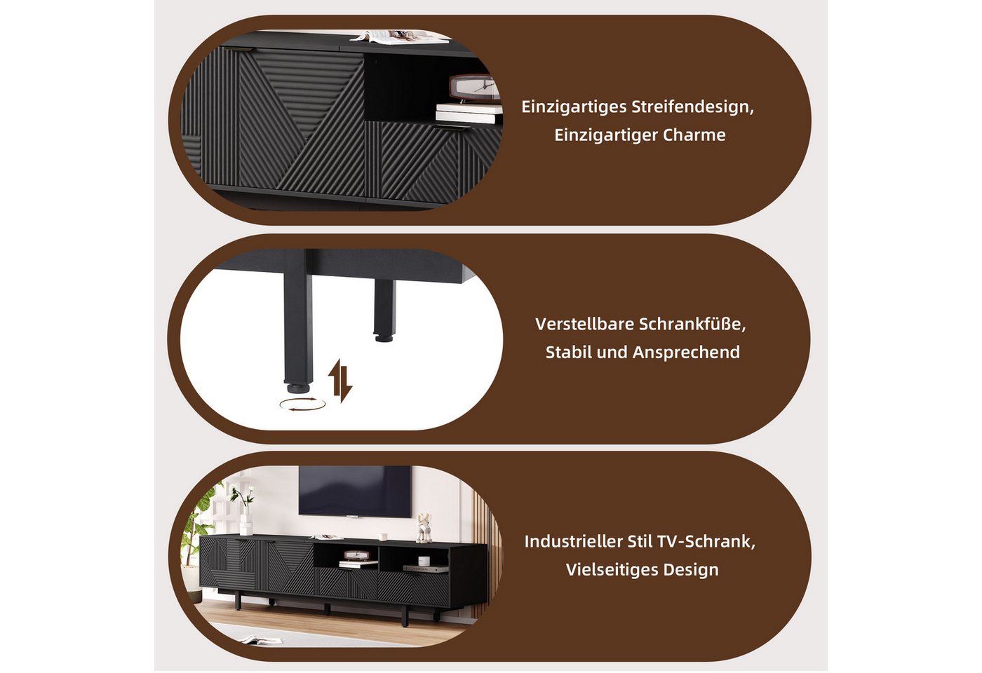 Merax Lowboard mit geometrischen Linien, TV-Schrank mit 2 Türen, 2 Schubladen und 2 offene Fächer, Breit: 200cm – Bild 5 von 5