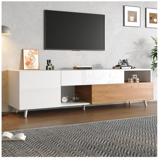 Merax Lowboard mit Hochglanzfront, Fernsehschrank in Weiß & Holzoptik (TV-Schrank für bis zu 75-Zoll-Fernseher, 1 St., 180x38x50 cm), TV-Schrank mit 1 Schublade