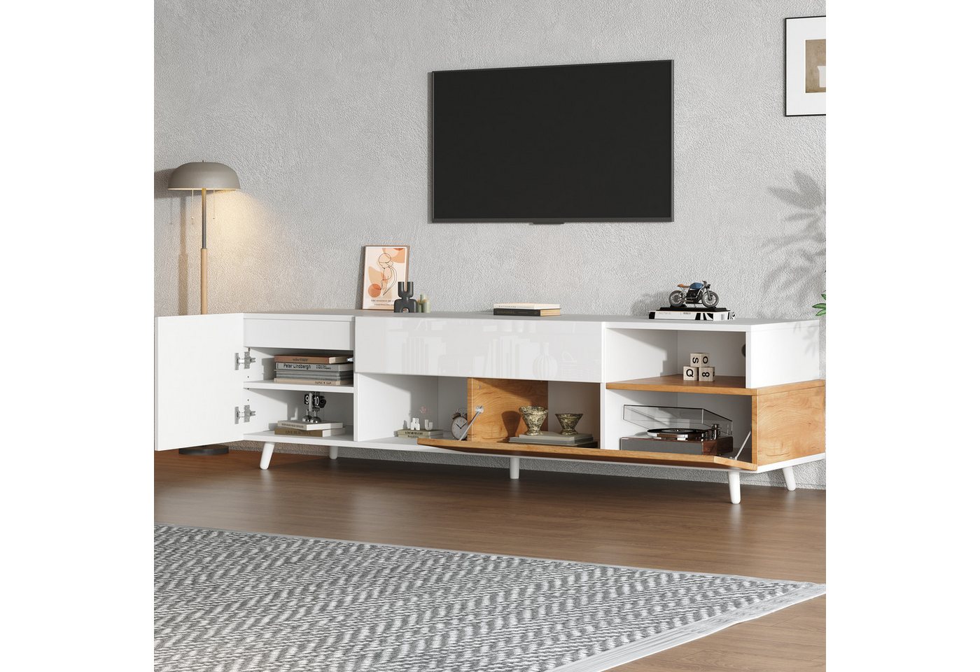 Merax Lowboard mit Hochglanzfront, Fernsehschrank in Weiß & Holzoptik (TV-Schrank für bis zu 75-Zoll-Fernseher, 1 St., 180x38x50 cm), TV-Schrank mit 1 Schublade – Bild 2 von 5