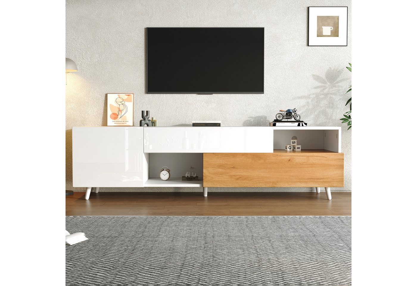 Merax Lowboard mit Hochglanzfront, Fernsehschrank in Weiß & Holzoptik (TV-Schrank für bis zu 75-Zoll-Fernseher, 1 St., 180x38x50 cm), TV-Schrank mit 1 Schublade – Bild 3 von 5