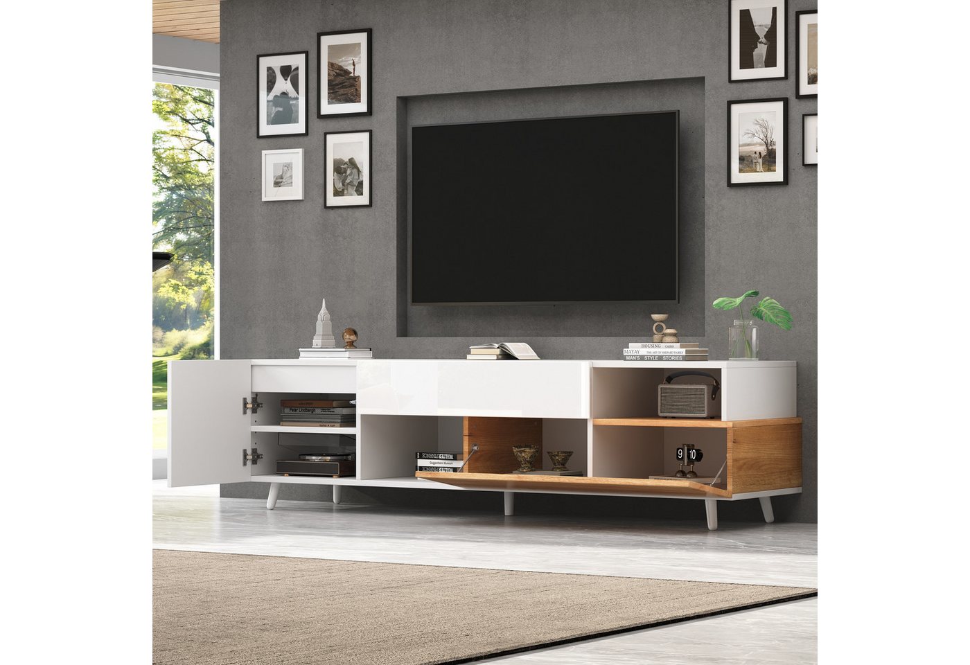 Merax Lowboard mit Hochglanzfront, Fernsehschrank in Weiß & Holzoptik (TV-Schrank für bis zu 75-Zoll-Fernseher, 1 St., 180x38x50 cm), TV-Schrank mit 1 Schublade – Bild 4 von 5