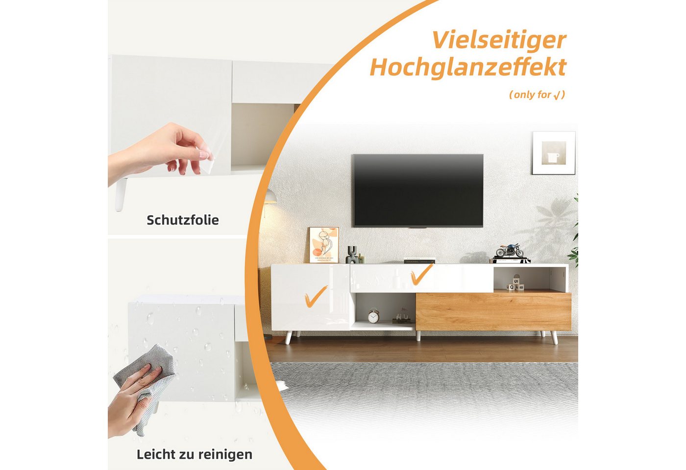 Merax Lowboard mit Hochglanzfront, Fernsehschrank in Weiß & Holzoptik (TV-Schrank für bis zu 75-Zoll-Fernseher, 1 St., 180x38x50 cm), TV-Schrank mit 1 Schublade – Bild 5 von 5