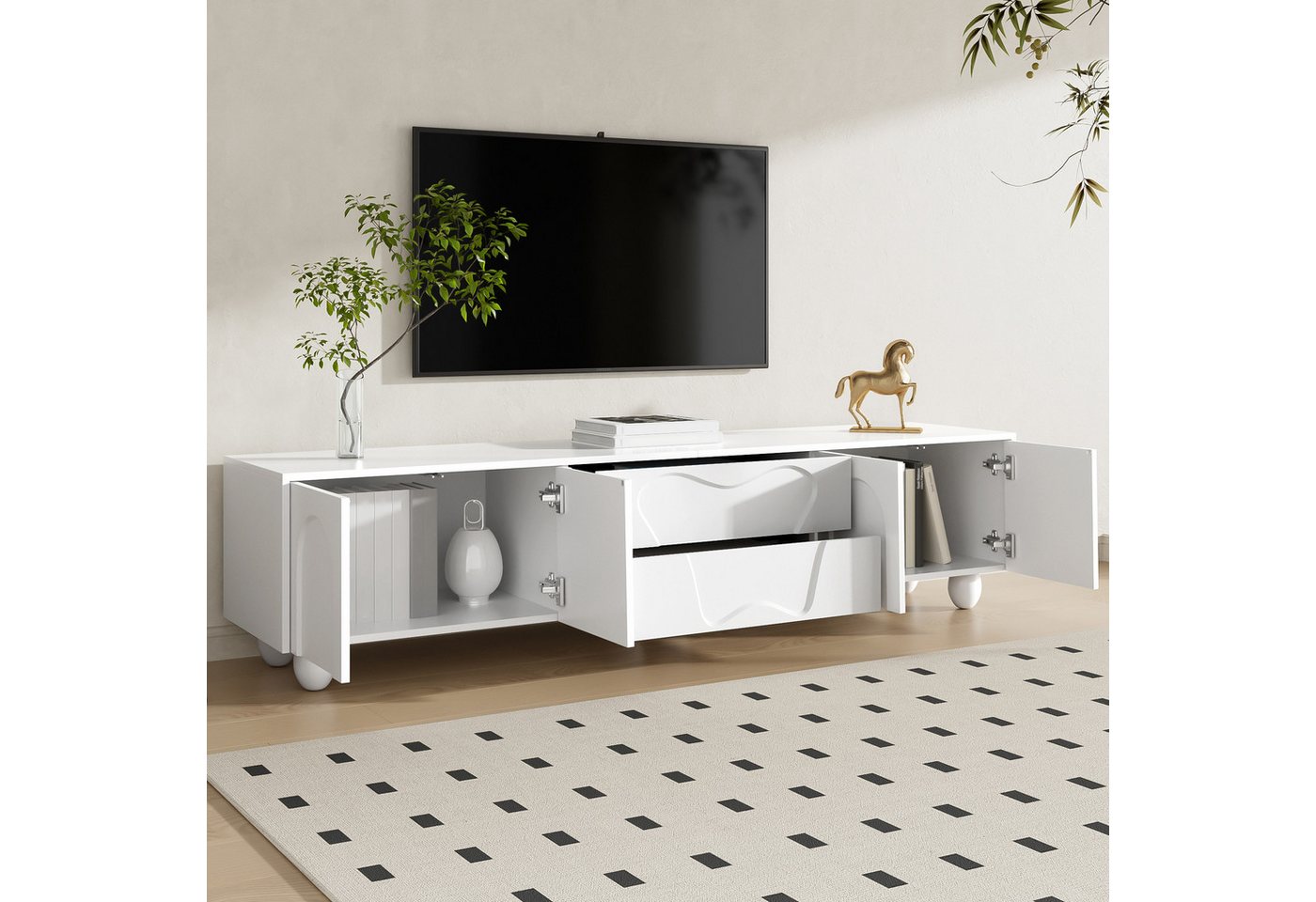 Merax Lowboard mit Holzbeinen (1 St), TV-Schrank mit 4 Türen, 2 Schubladen & reichlich Stauraum, 180x40x42cm – Bild 2 von 5