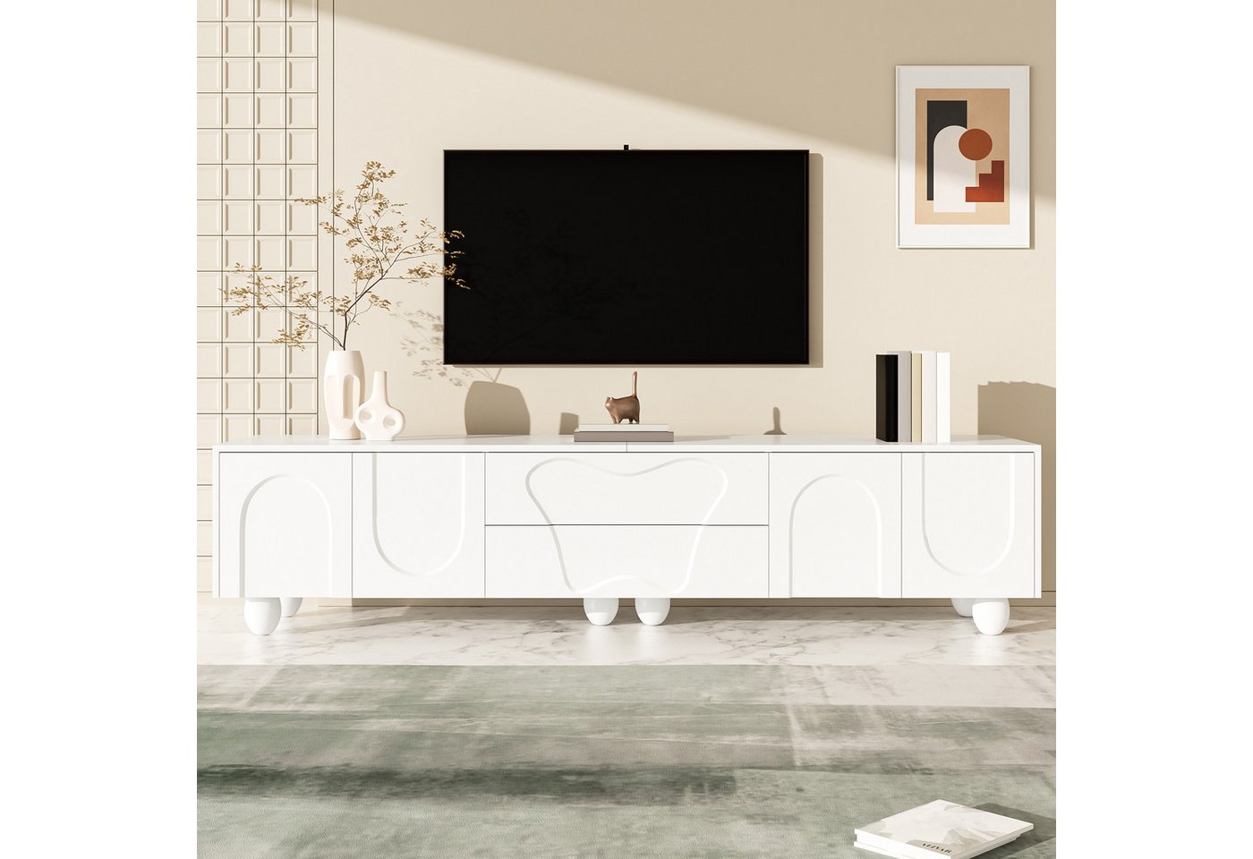 Merax Lowboard mit Holzbeinen (1 St), TV-Schrank mit 4 Türen, 2 Schubladen & reichlich Stauraum, 180x40x42cm – Bild 3 von 5
