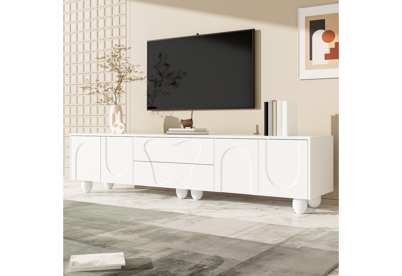 Merax Lowboard mit Holzbeinen (1 St), TV-Schrank mit 4 Türen, 2 Schubladen & reichlich Stauraum, 180x40x42cm – Bild 4 von 5