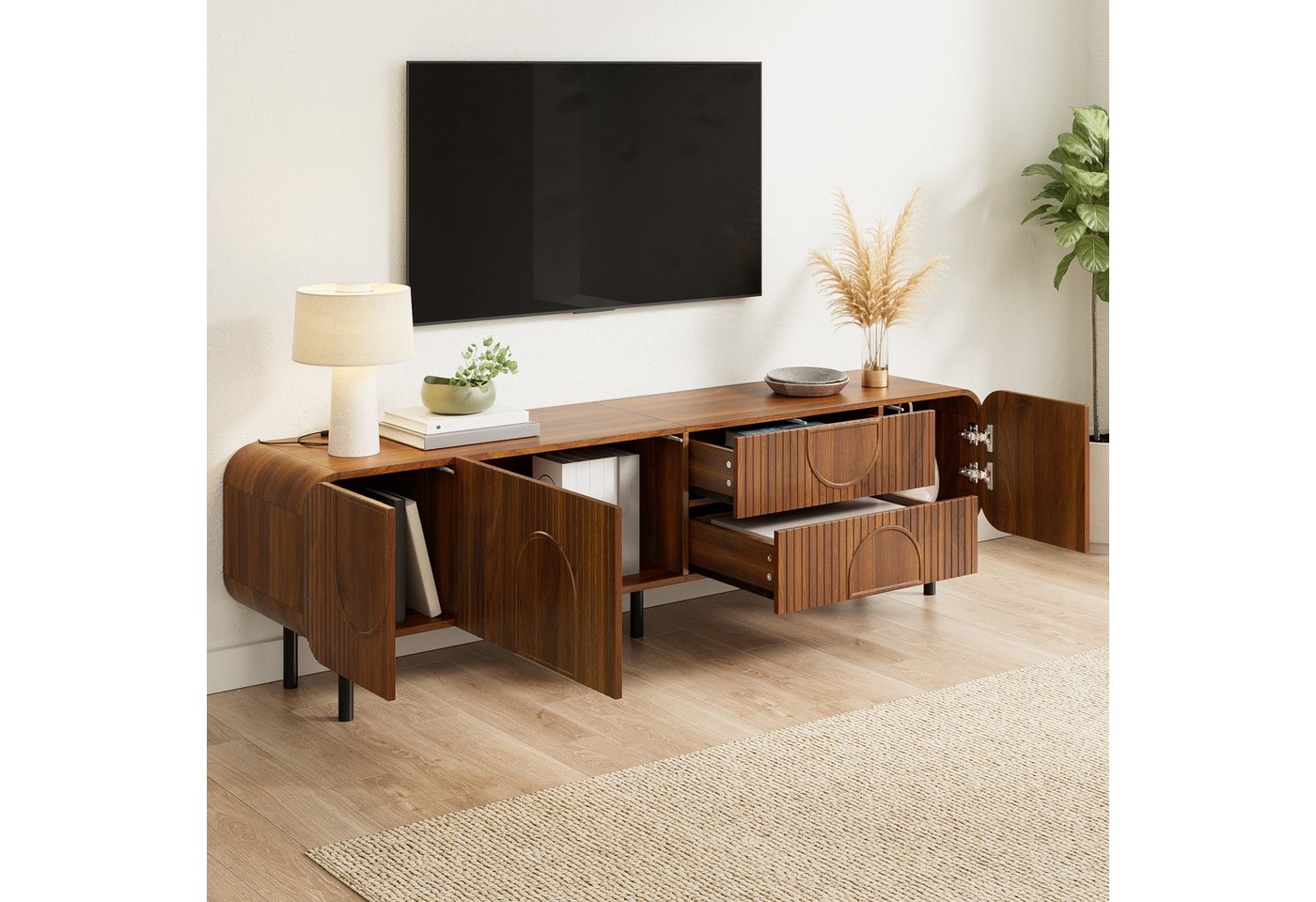 Merax Lowboard mit Kabelmanagement, Fernsehtisch mit Nussbaum Optik (180 x 40 x 47,5 cm, 1 St), Wohnzimmerschrank mit 3 Türen, 2 Schubladen & Metallbeine – Bild 2 von 5