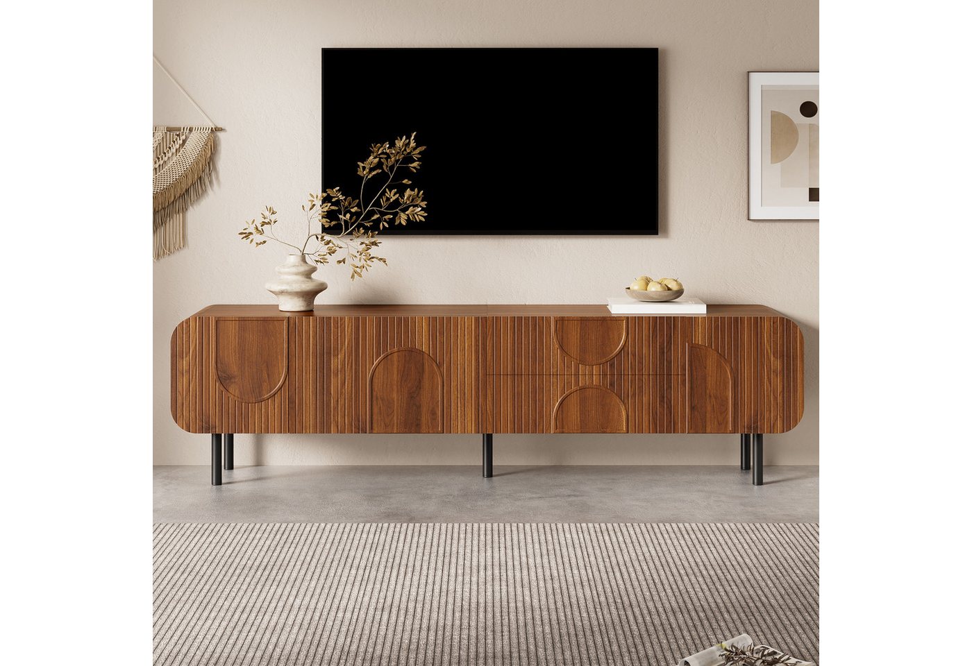 Merax Lowboard mit Kabelmanagement, Fernsehtisch mit Nussbaum Optik (180 x 40 x 47,5 cm, 1 St), Wohnzimmerschrank mit 3 Türen, 2 Schubladen & Metallbeine – Bild 3 von 5