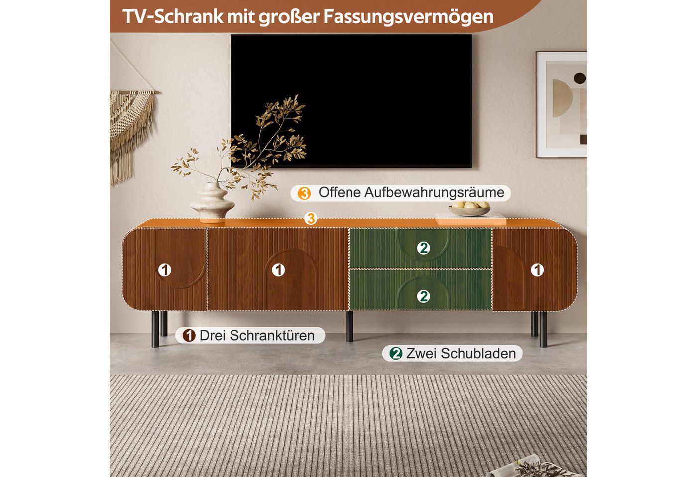 Merax Lowboard mit Kabelmanagement, Fernsehtisch mit Nussbaum Optik (180 x 40 x 47,5 cm, 1 St), Wohnzimmerschrank mit 3 Türen, 2 Schubladen & Metallbeine – Bild 4 von 5