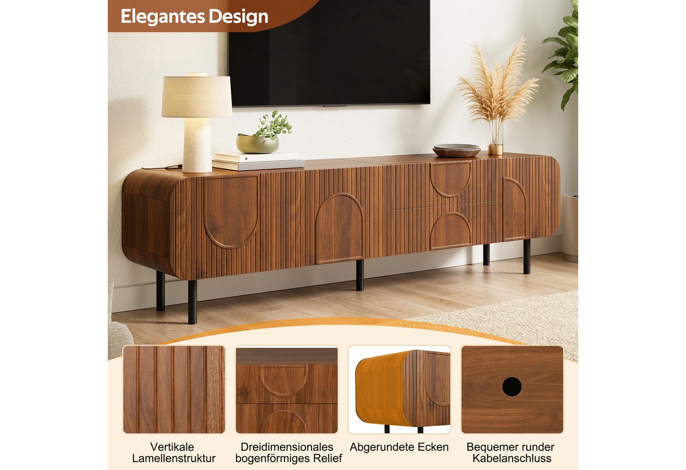 Merax Lowboard mit Kabelmanagement, Fernsehtisch mit Nussbaum Optik (180 x 40 x 47,5 cm, 1 St), Wohnzimmerschrank mit 3 Türen, 2 Schubladen & Metallbeine – Bild 5 von 5