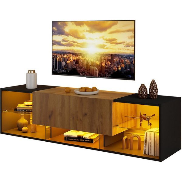 Merax Lowboard mit LED-Beleuchtung (1 St), TV-Schrank Fernsehschrank mit Glasablage und 2 Schubladen, 160x40x42cm