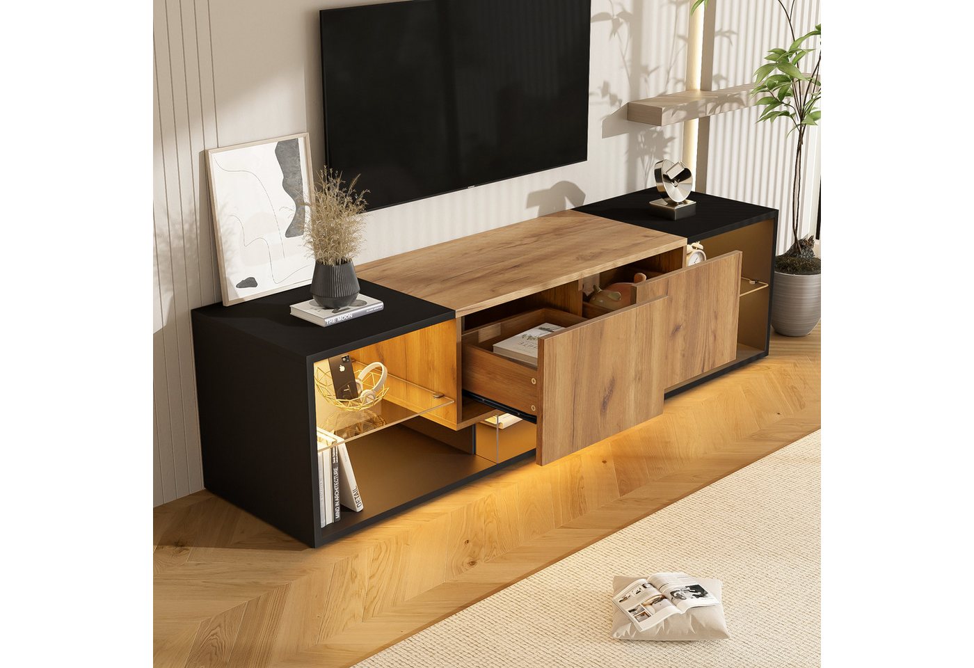Merax Lowboard mit LED-Beleuchtung (1 St), TV-Schrank Fernsehschrank mit Glasablage und 2 Schubladen, 160x40x42cm – Bild 2 von 5