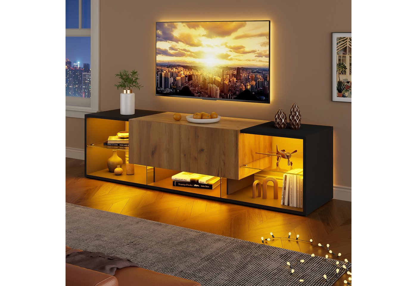 Merax Lowboard mit LED-Beleuchtung (1 St), TV-Schrank Fernsehschrank mit Glasablage und 2 Schubladen, 160x40x42cm – Bild 3 von 5