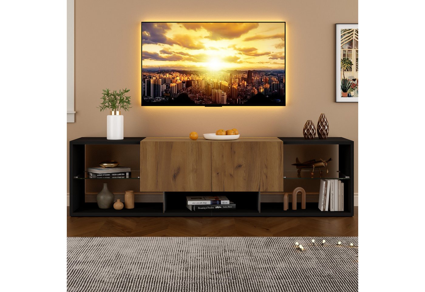 Merax Lowboard mit LED-Beleuchtung (1 St), TV-Schrank Fernsehschrank mit Glasablage und 2 Schubladen, 160x40x42cm – Bild 4 von 5