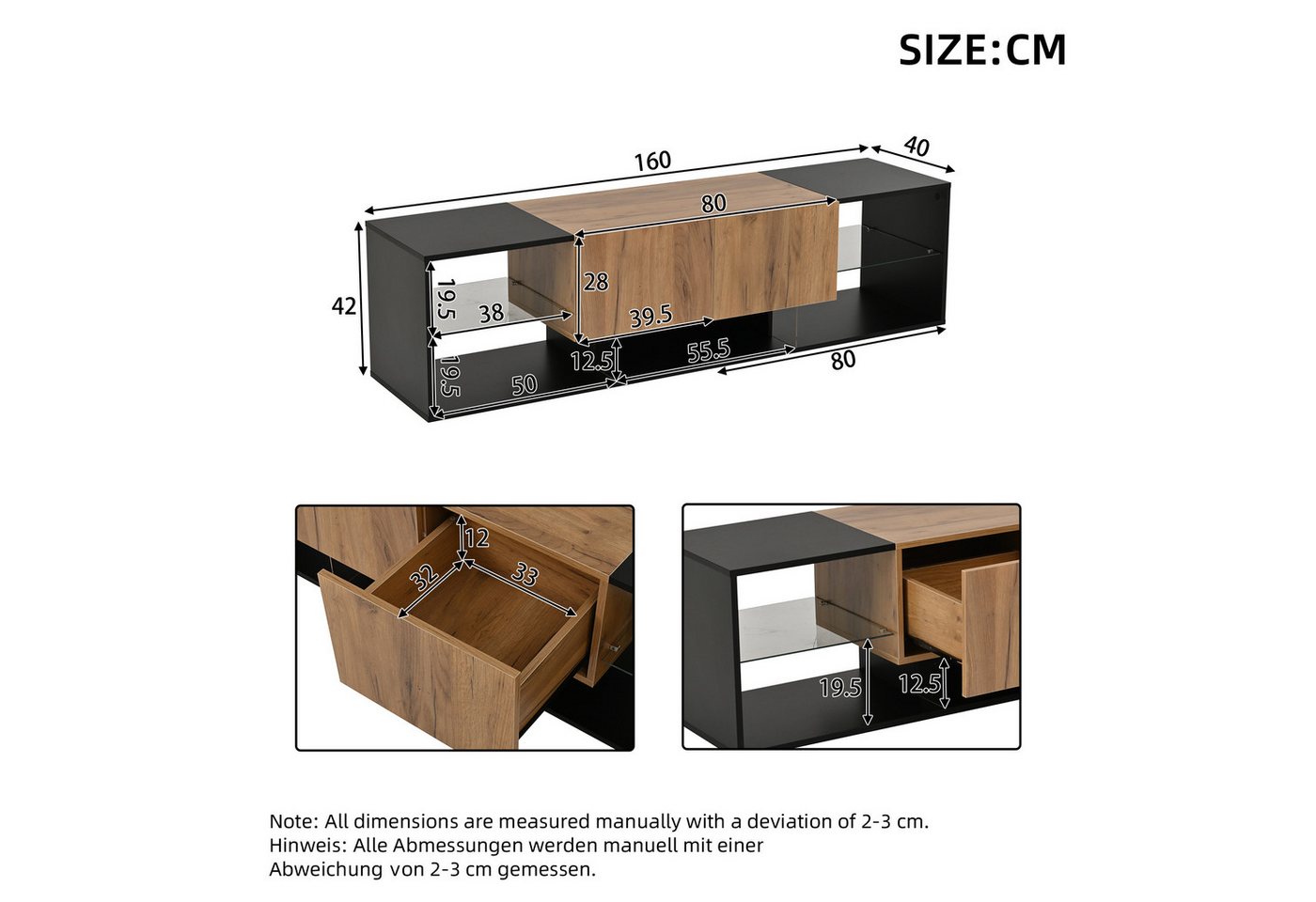 Merax Lowboard mit LED-Beleuchtung (1 St), TV-Schrank Fernsehschrank mit Glasablage und 2 Schubladen, 160x40x42cm – Bild 5 von 5