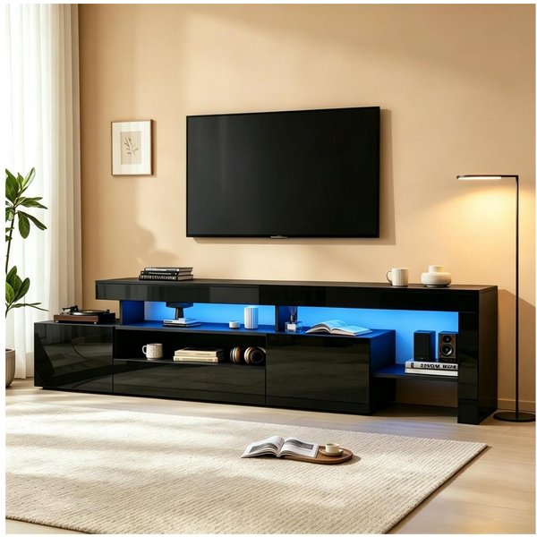 Merax Lowboard mit LED-Beleuchtung (1 St), TV-Schrank Fernsehschrank mit 3 Klapptüren, Hochglanzfront,192x37x53cm