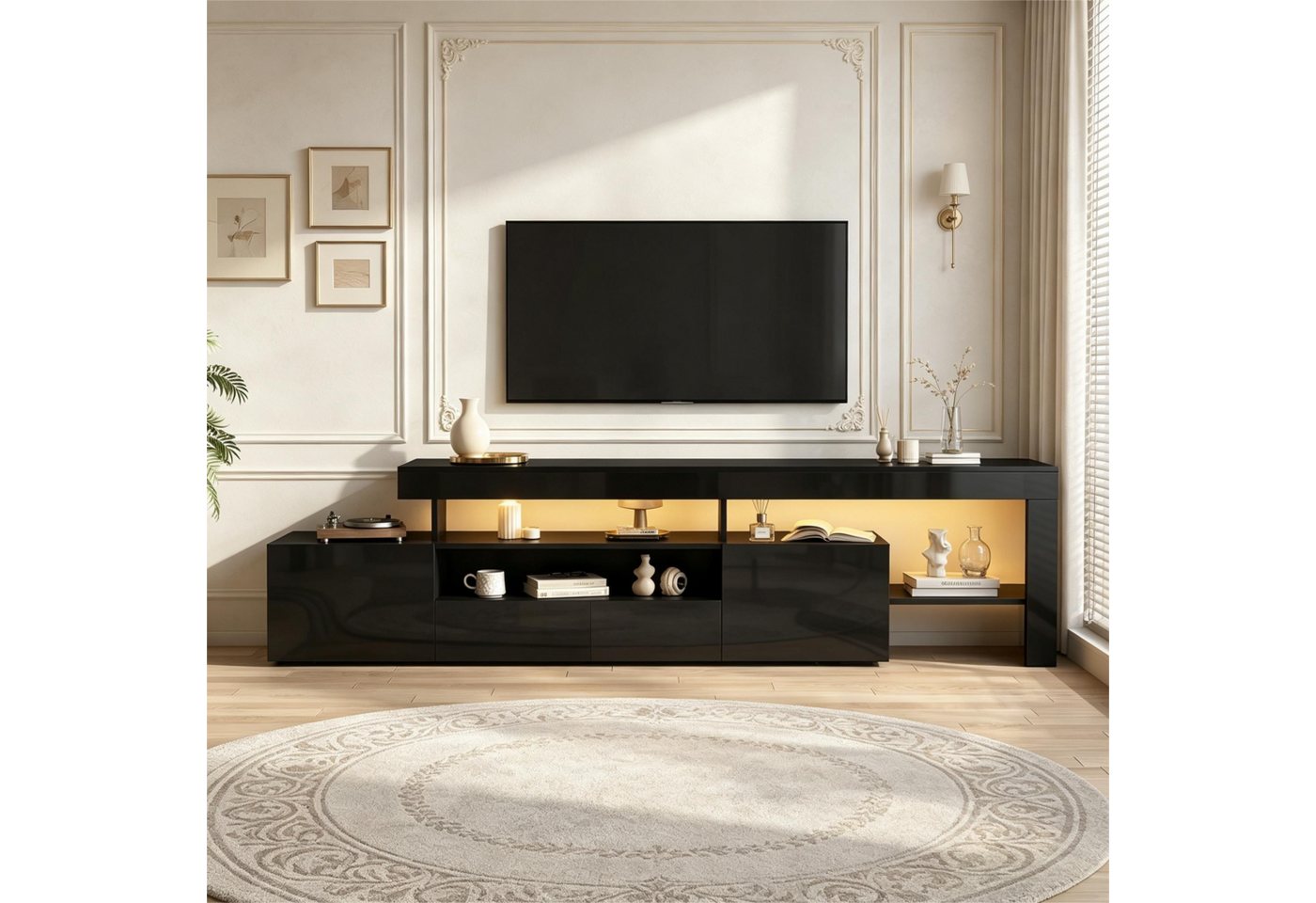 Merax Lowboard mit LED-Beleuchtung (1 St), TV-Schrank Fernsehschrank mit 3 Klapptüren, Hochglanzfront,192x37x53cm – Bild 3 von 5