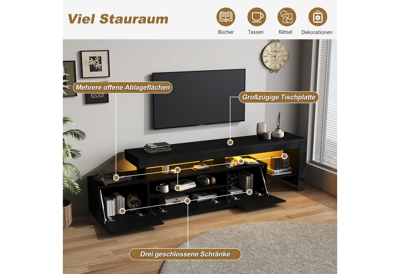 Merax Lowboard mit LED-Beleuchtung (1 St), TV-Schrank Fernsehschrank mit 3 Klapptüren, Hochglanzfront,192x37x53cm – Bild 4 von 5