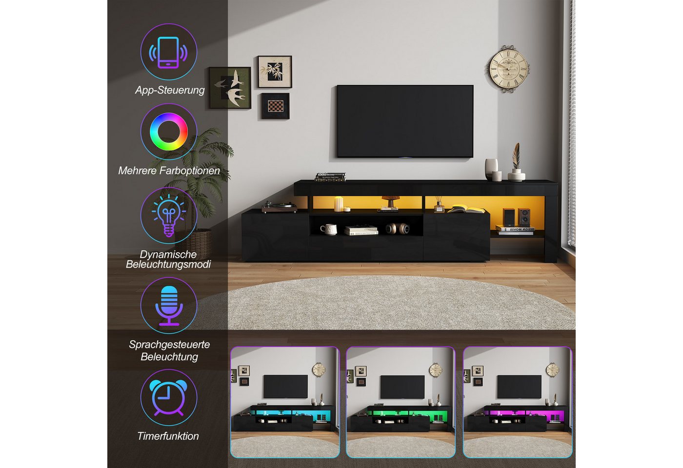Merax Lowboard mit LED-Beleuchtung (1 St), TV-Schrank Fernsehschrank mit 3 Klapptüren, Hochglanzfront,192x37x53cm – Bild 5 von 5