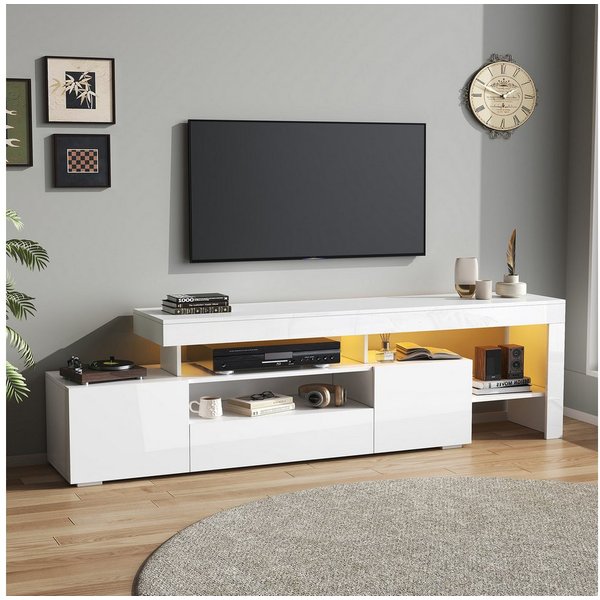 Merax Lowboard mit LED-Beleuchtung (1 St), TV-Schrank Fernsehschrank mit 3 Klapptüren, Hochglanzfront,192x37x53cm