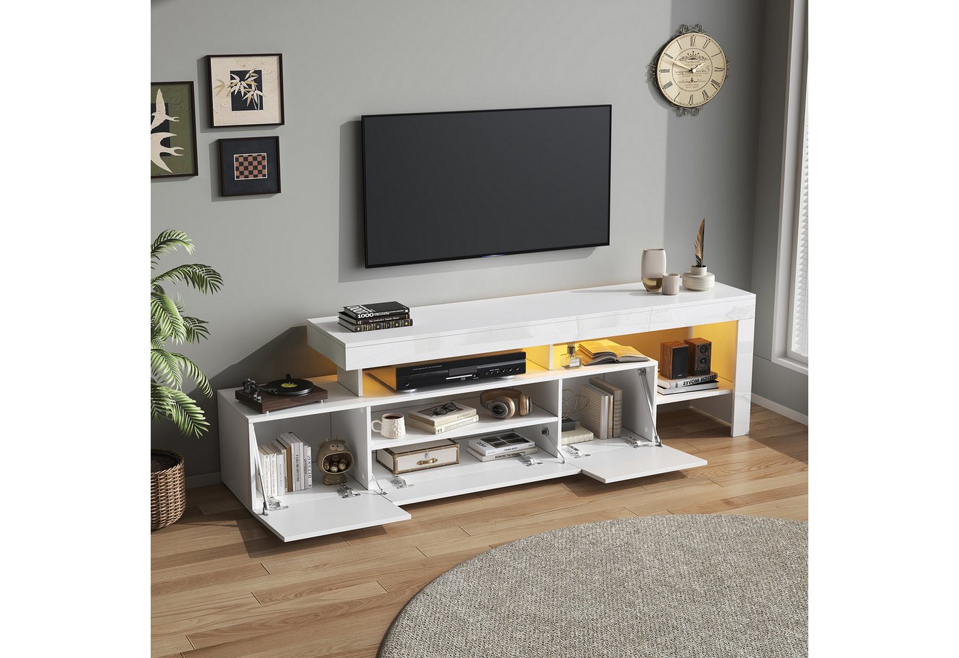 Merax Lowboard mit LED-Beleuchtung (1 St), TV-Schrank Fernsehschrank mit 3 Klapptüren, Hochglanzfront,192x37x53cm – Bild 2 von 5