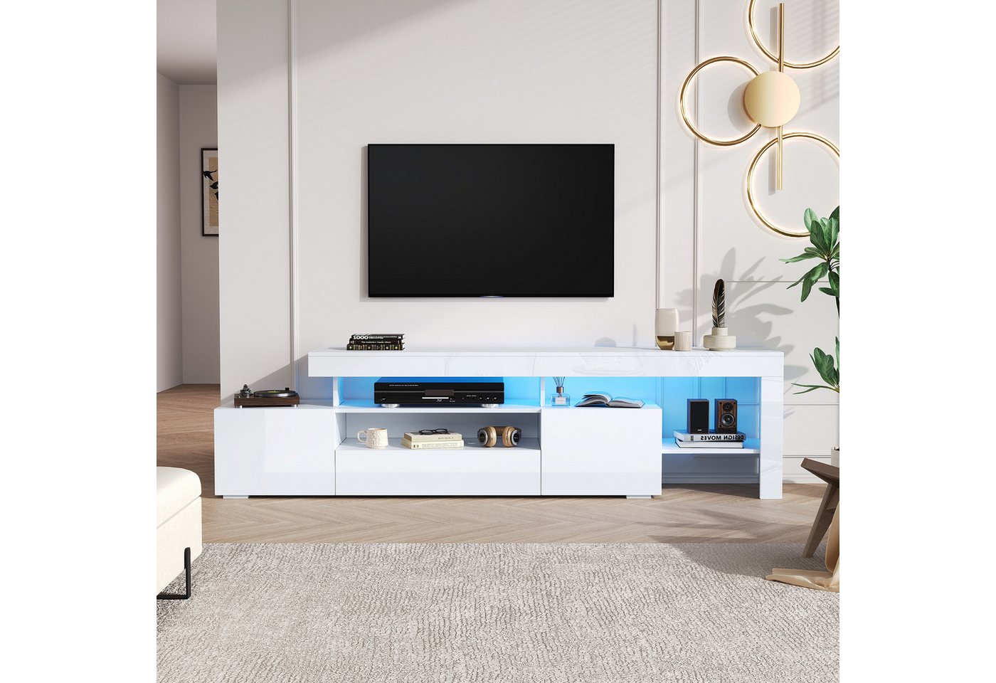Merax Lowboard mit LED-Beleuchtung (1 St), TV-Schrank Fernsehschrank mit 3 Klapptüren, Hochglanzfront,192x37x53cm – Bild 3 von 5