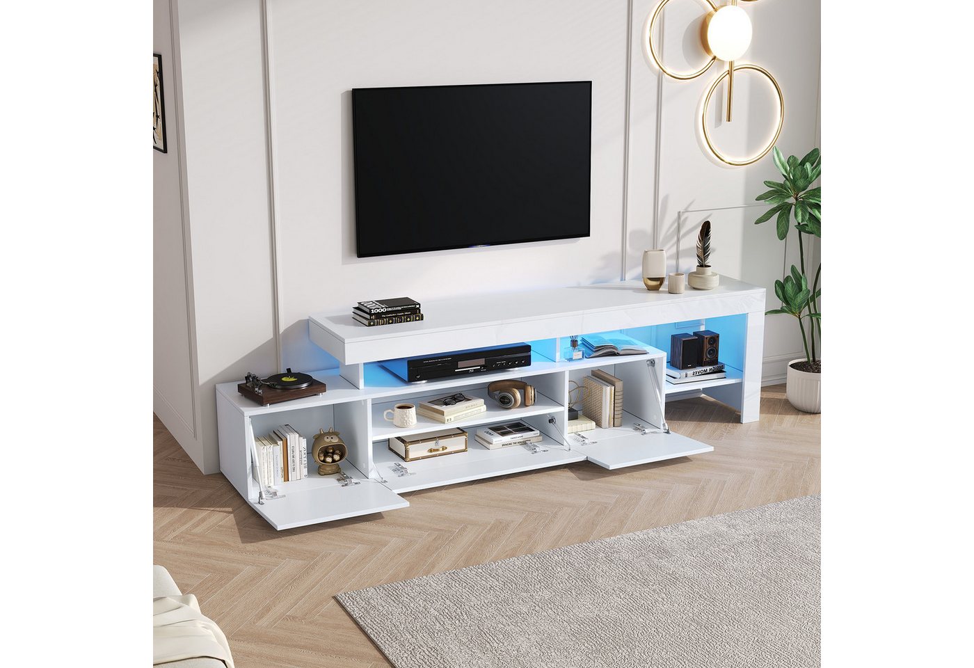 Merax Lowboard mit LED-Beleuchtung (1 St), TV-Schrank Fernsehschrank mit 3 Klapptüren, Hochglanzfront,192x37x53cm – Bild 4 von 5